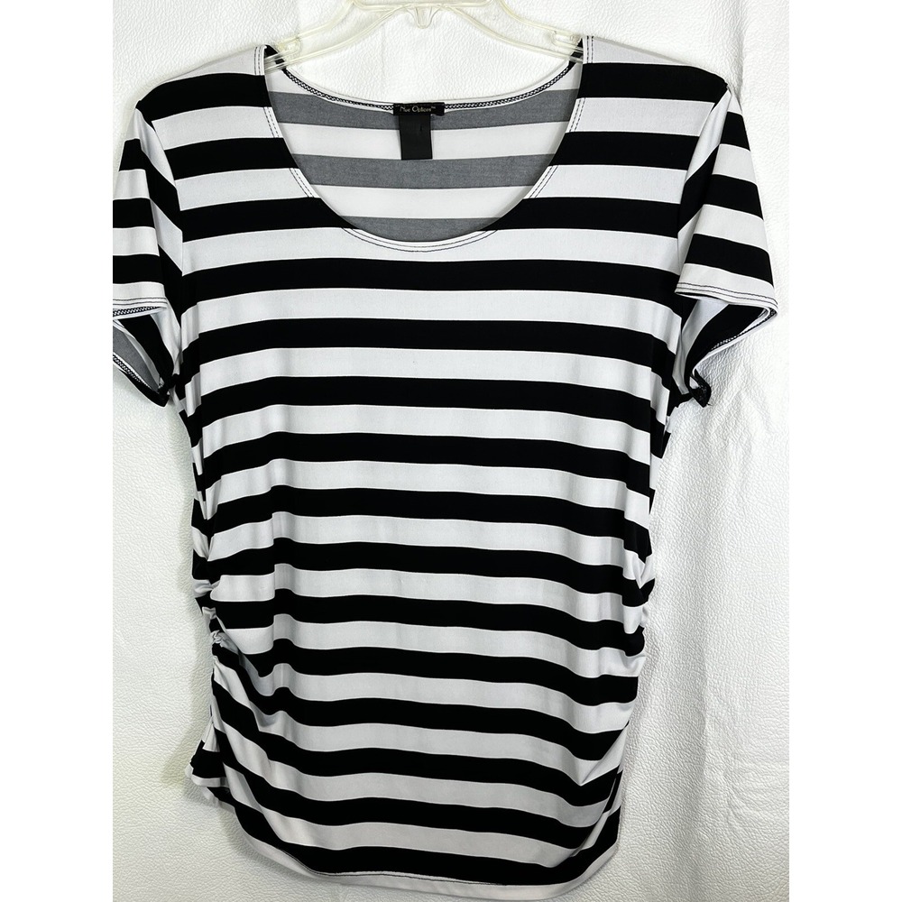 Nue Options Black/white Stripe round neck top Gathers Side Maternity Med Stretch